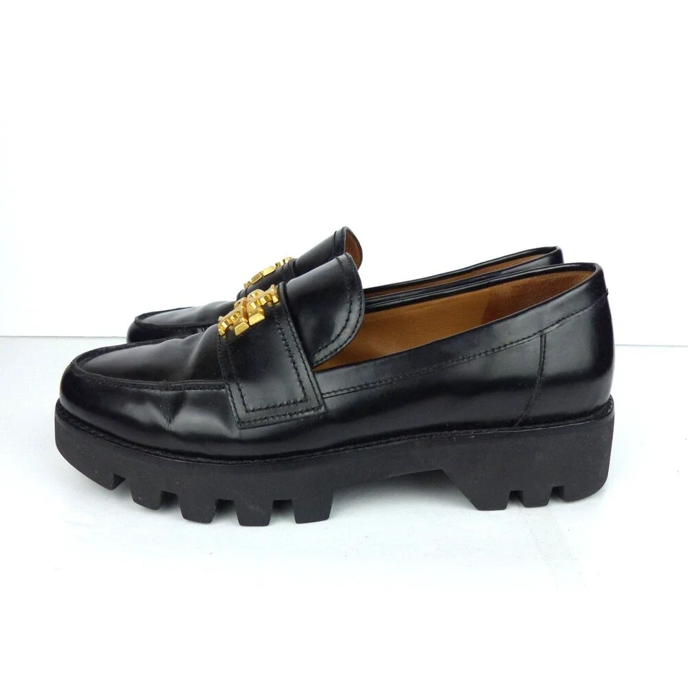 Tory Burch Everly Loafers Black Leather Mini Chunky Lug Sole Women 9.5 M Preppy